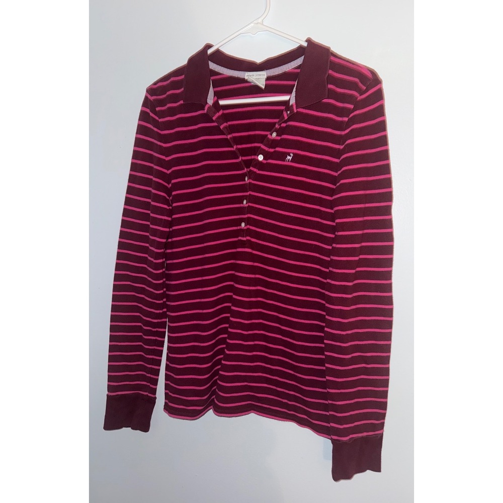 Old Navy Perfect Fit Waffle Knit Long Sleeve Polo Raspberry Stripe Size L